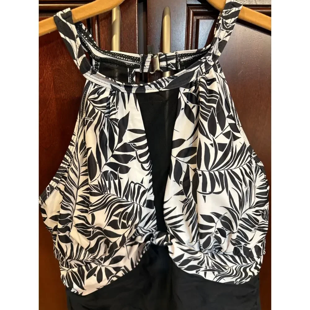 Tempt Me Black White One Piece High Neck Tummy Control Bathing Suit Size M NWT - Picture 6 of 16